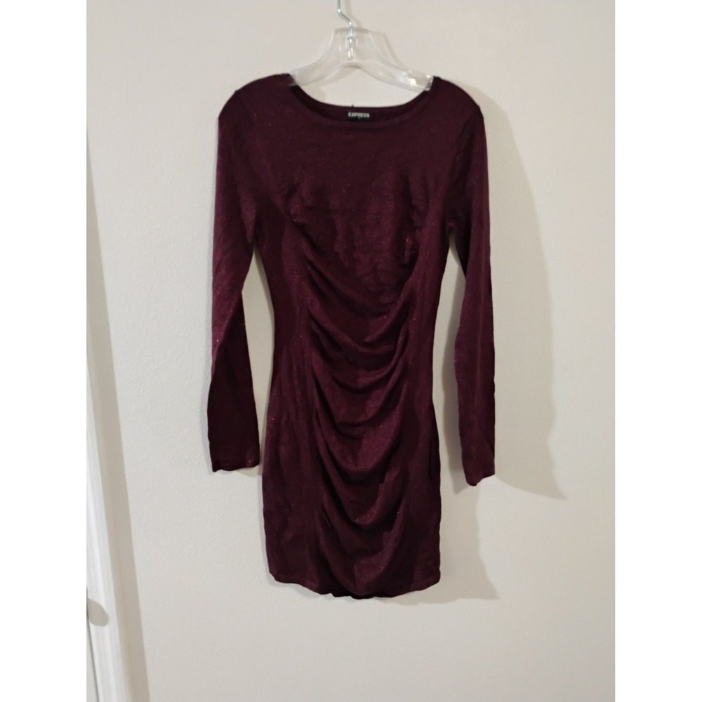 Express Burgundy Metallic Ruched Long Sleeve Bodycon Mini Dress Small